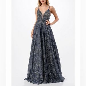 Coya Collection Spaghetti Strap Illusion Deep V-Neck Beaded Mesh Ball Gown